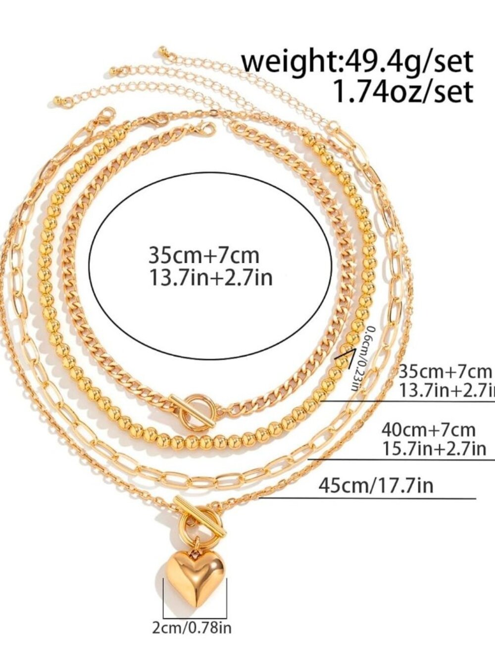 Layered Toggle Clasp Necklace with Heart Pendant Gold Tone or Silver Tone - Picture 3 of 3